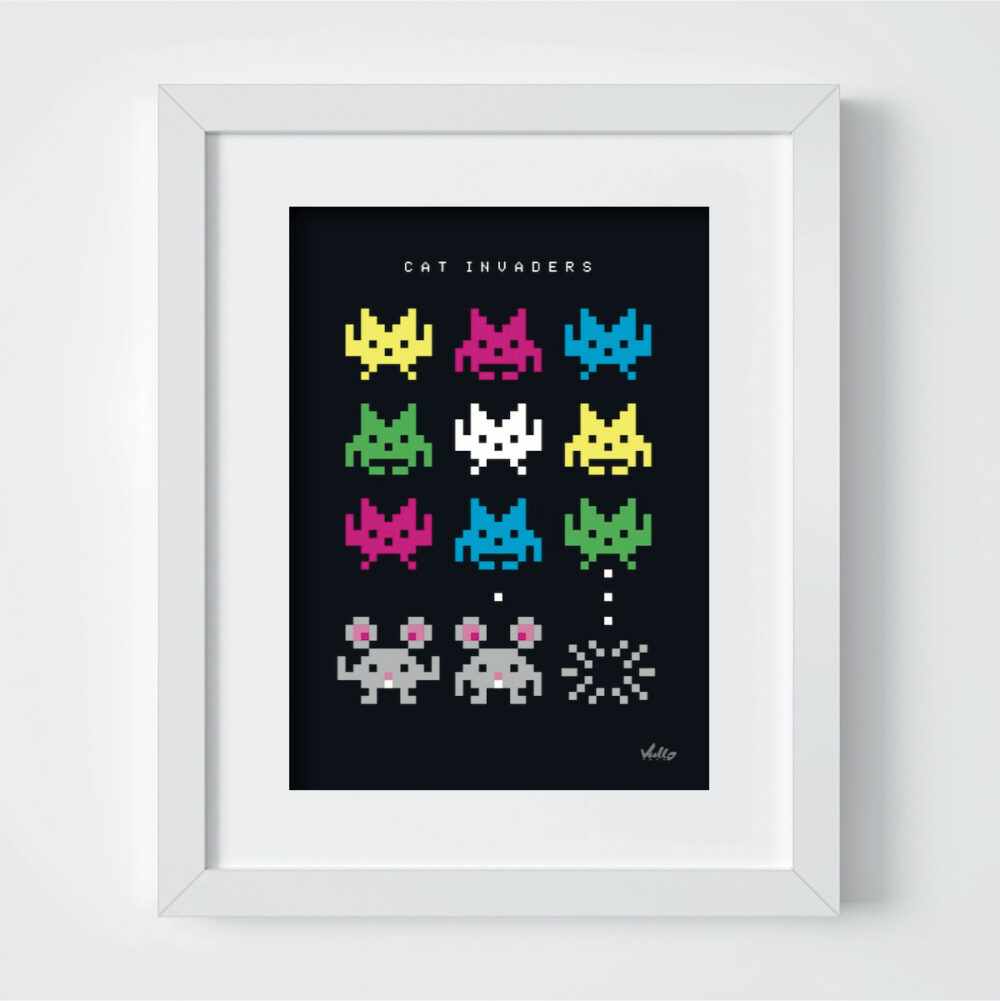 Cat Invaders postcard with frame