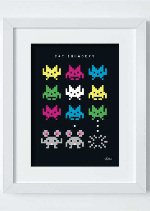 Cat Invaders postcard with frame