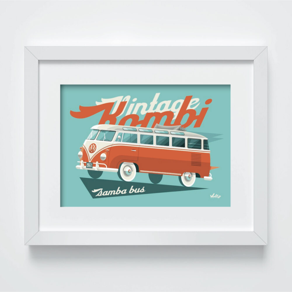 Split Window Bus postcard with frame