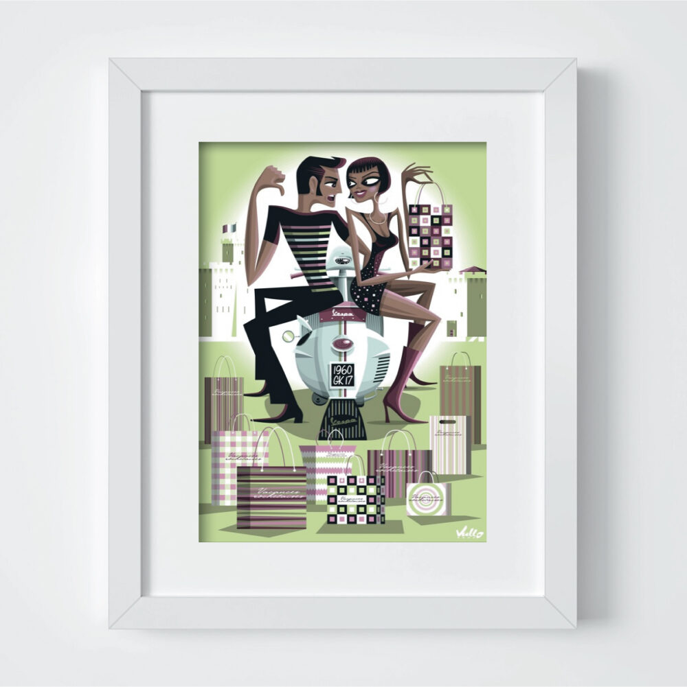 Vespa Shopping postcard with frame