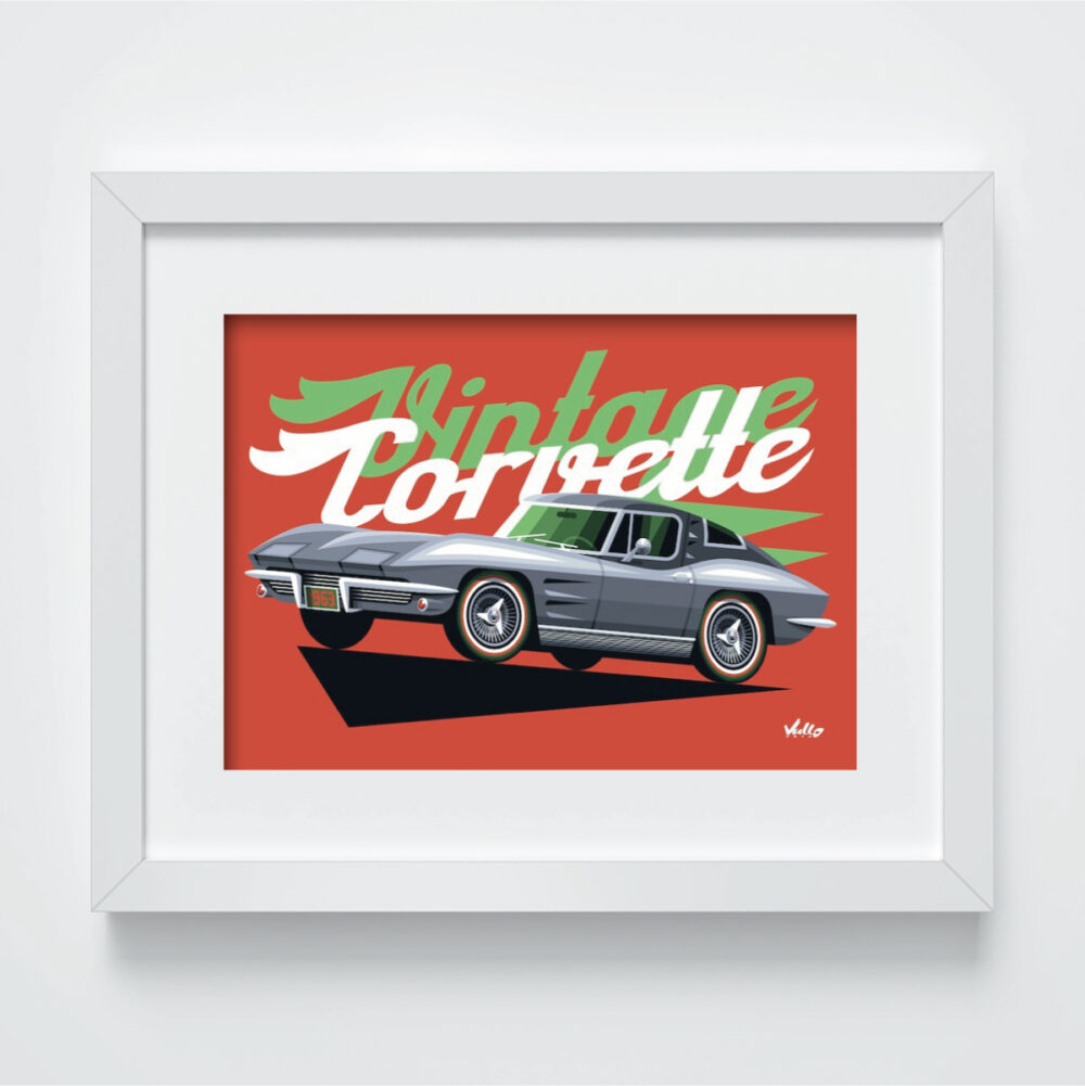 Vintage Corvette postcard with frame