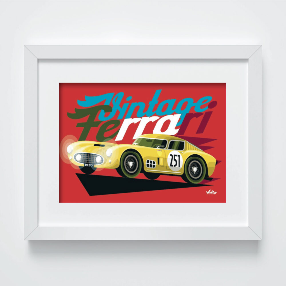 Carte postale Vintage Ferrari Jaune avec cadre