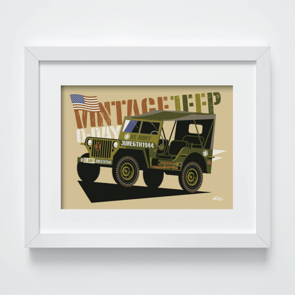 Vintage Jeep postcard with frame