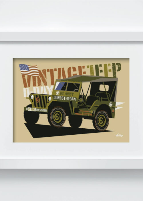 Vintage Jeep postcard with frame